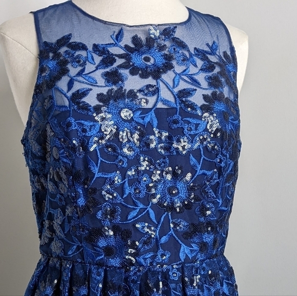 MARINA Blue Mesh And Sequin Sleeveless Dress 10 Illusion Floral Cocktail - Picture 6 of 13